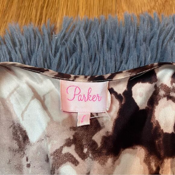 Parker Brown Cream Silk Ruffle Top Size L - Picture 2 of 5